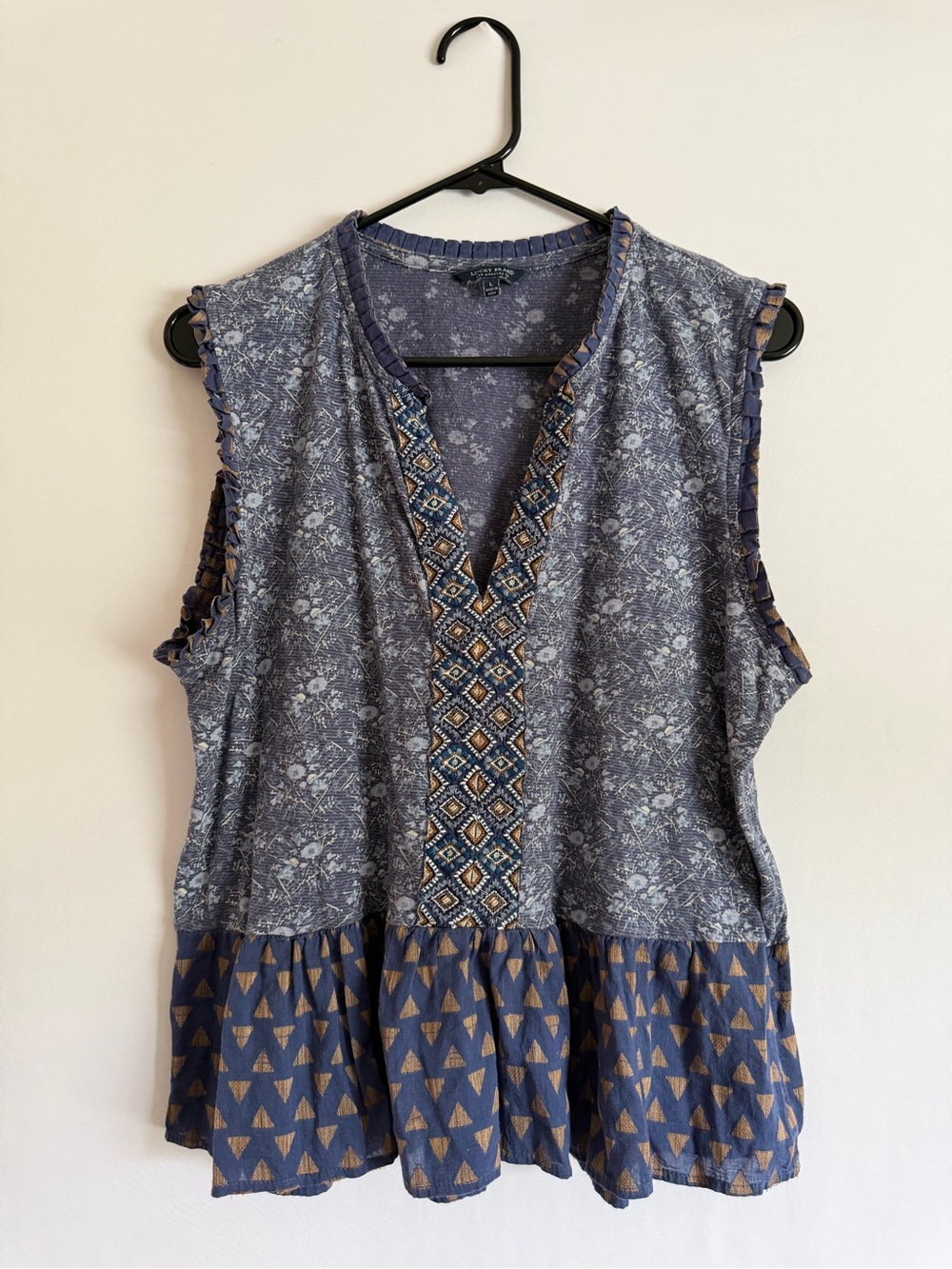 Lucky Brand Peplum Top Womens L Blue Floral Geometric Sleeveless Ruffle Boho